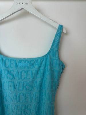Versace x Dua Lipa Blue Terry Logo Low Back Swimsuit Size S