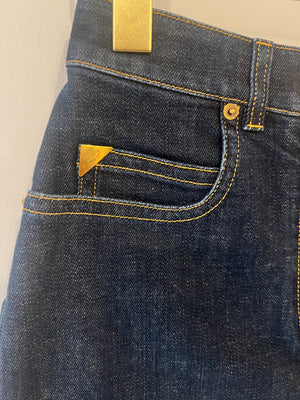 Louis Vuitton Blue Indigo Denim Shorts with Brown Leather LV Monogram Pocket Detail Size FR 38 (UK 10)