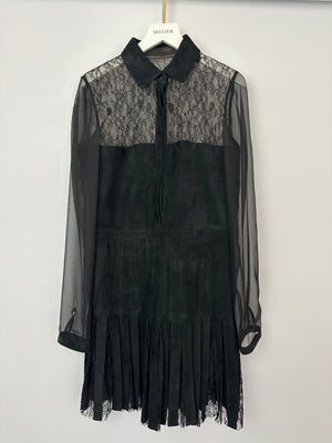 Valentino Black Mini Suede and Lace Pleated Dress with Collar Detail Cream Size UK 6