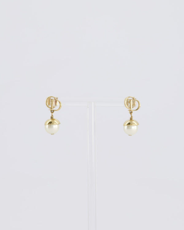 Christian Dior Pearl With Gold CD Drop Earrings
