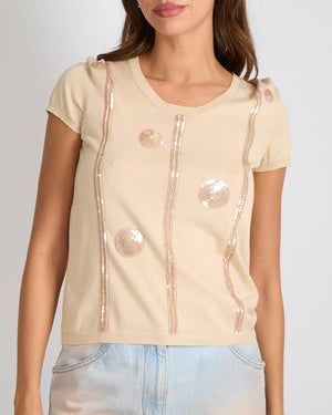 Chanel Spring 2006 Beige and Pink Short-Sleeve Top with Sequin Embellishments Size FR 40 (UK 12)