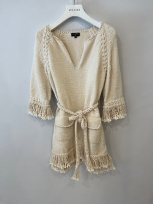 Chanel Cream Long-Sleeve Belted Mini Dress with Pockets and Tassel Details Size FR 38 (UK 10)