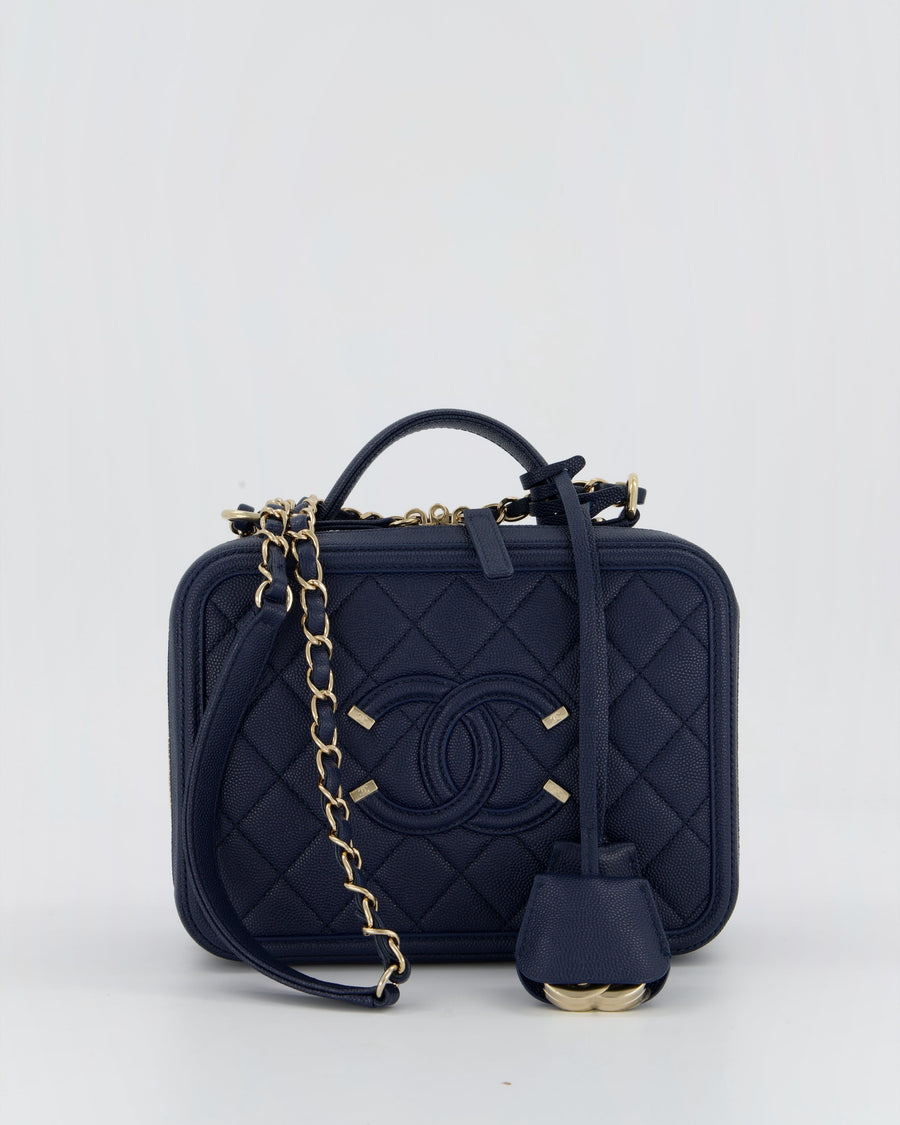 Chanel Navy Caviar Leather Vanity Case Bag with CC Leather Logo Detail