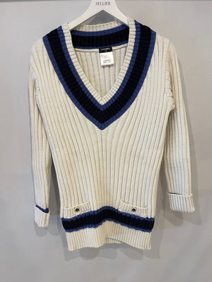 Chanel White, Black and Navy V Neck Knit Jumper with CC Button Details Size FR 40 (UK 12)