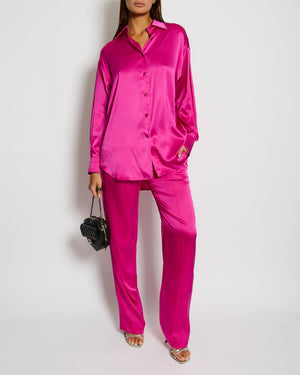Tom Ford Fuschia Pink Oversized Silk-Blend Satin Blouse and Trouser Set with Velvet Elasticated Waistband Size IT 40 (UK 8)