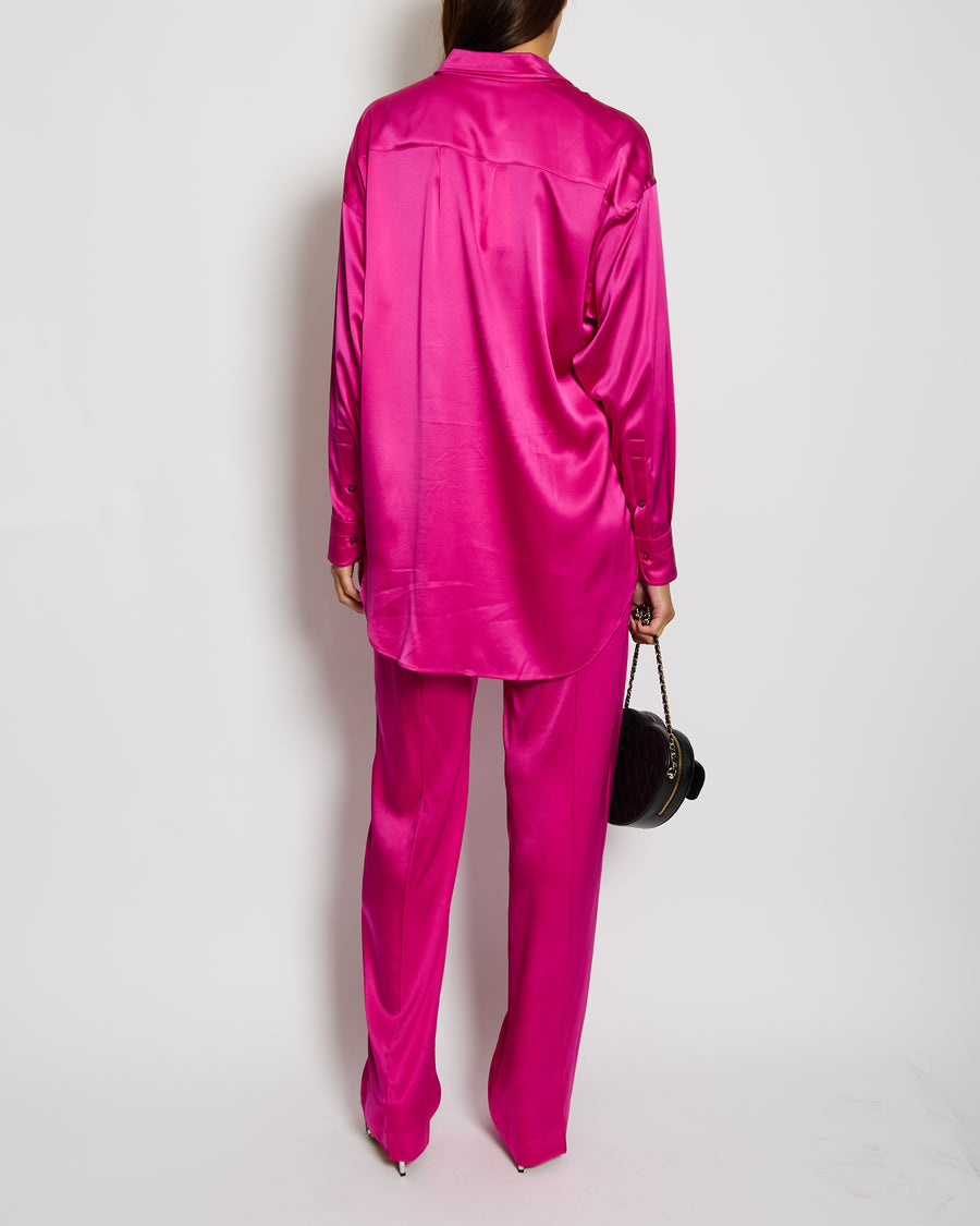 Tom Ford Fuschia Pink Oversized Silk-Blend Satin Blouse and Trouser Set with Velvet Elasticated Waistband Size IT 40 (UK 8)