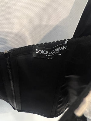 Dolce & Gabbana Black and White Checkered Corset Cropped Top with Floral Embroideries Size IT 42/44 (UK 12/14)