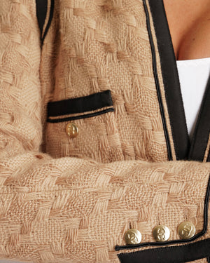 Chanel Vintage 08A Beige Wool Jacket with Black Trims and Brushed Champagne Gold CC Logo Buttons Size FR 38 (UK 10)