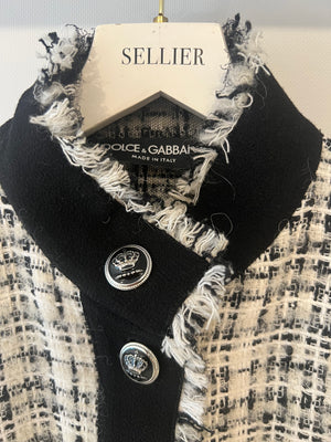 Dolce & Gabbana Black and White Tweed Jacket with Fringe Trim and Silver Crown Buttons Size IT 42 (UK 10)