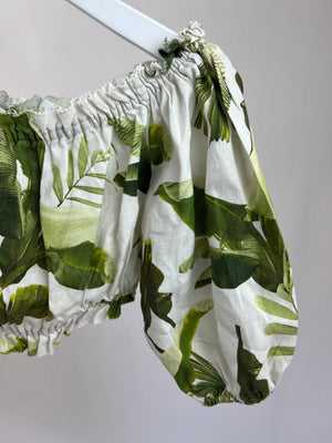 Cara Cara White and Green Leaf Print Linen Skirt and Crop Top Set Size XS (UK 6)