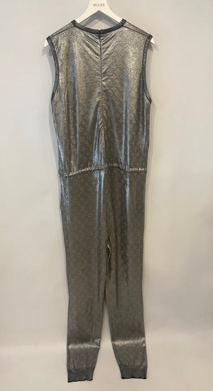 Louis Vuitton Silver Metallic Silk Jumpsuit with Monogram Logo Prints Size FR 38 (UK 10)