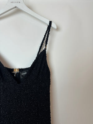 Chanel Black Metallic Tweed Straight Midi Dress with Pocket Detail and CC Crystal Clip Size FR 34 (UK 6)