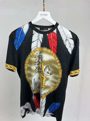 Versace Black Yellow Blue and Red Horse Print T-shirt Size S (UK 8)
