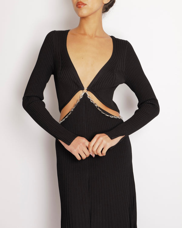 Jonathan Simkhai Black Ribbed Maxi Dress with Front Cut-Out and Crystal Embellished Silver Chain Detail Size M (UK 10)