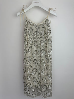 Saint Laurent White & Silver Floral Sequin and Bead Embroidered Mini Dress with White Slip Size FR 36 (UK 8)