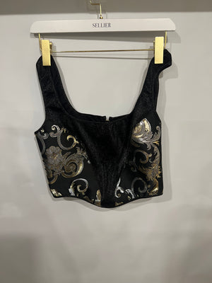 Versace Black Shimmery Corset Crop Top with Gold and Silver Metallic Baroque Prints and Gold Zipper Detail Size IT 44 (UK 12)