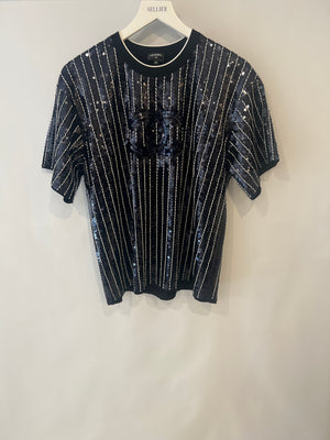 Chanel SS23 Navy and White Striped Sequins T-Shirt with CC Logo Size FR 40 (UK 12)