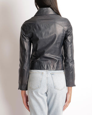 Chanel Navy Calfskin Leather Jacket with Quilted Details and Black CC Logo Buttons Size FR 34 (UK 6)