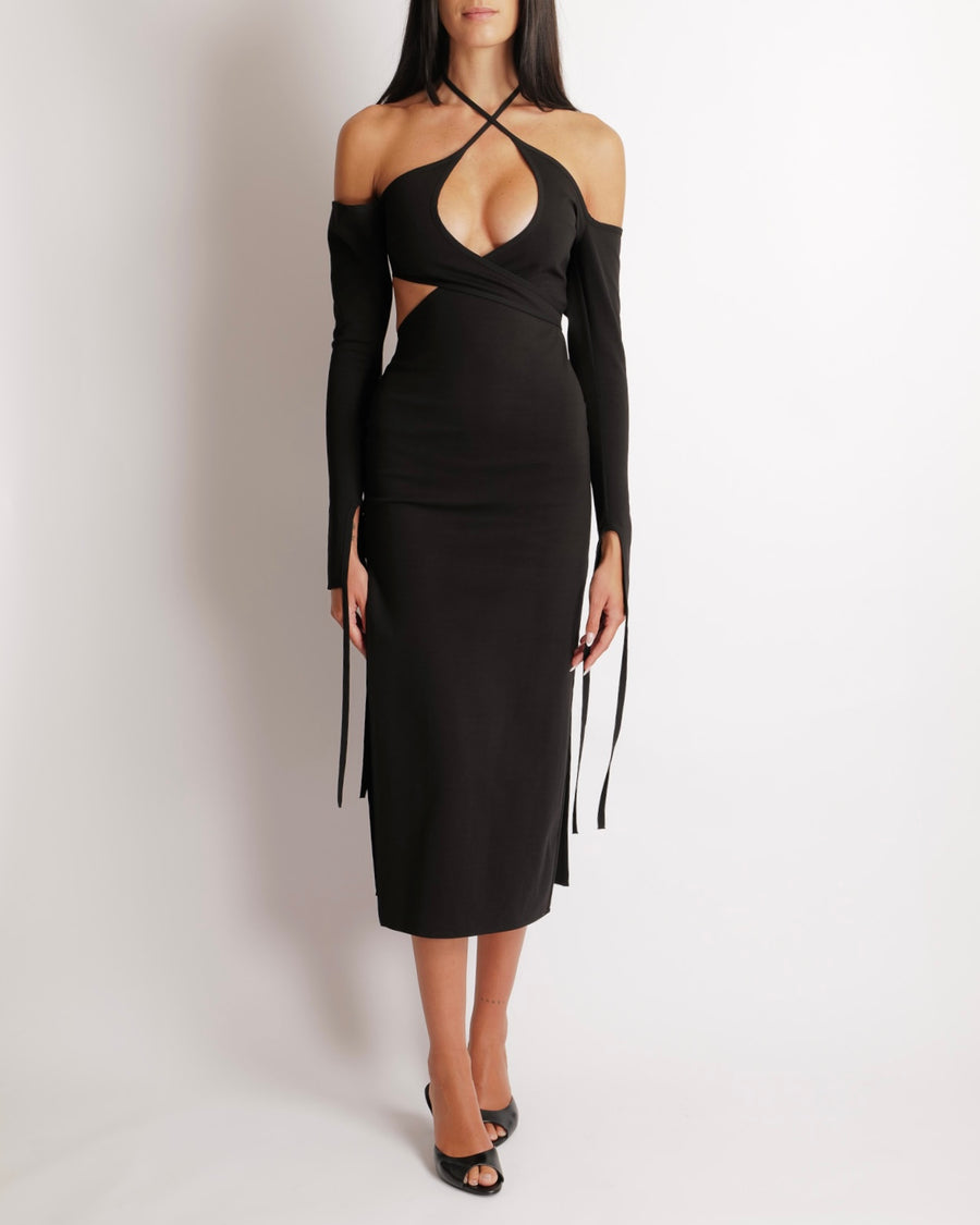 The Attico Black Long-Sleeved Midi Dress with Front Cut Out Details and Side Slit Size FR 38 (UK 10) RRP £950