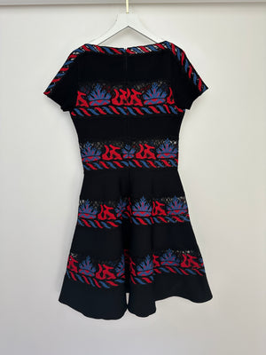Valentino Navy A-Line Mini Dress with Black, Red and Blue Lace Panel Details Size UK 10 (Size Medium)