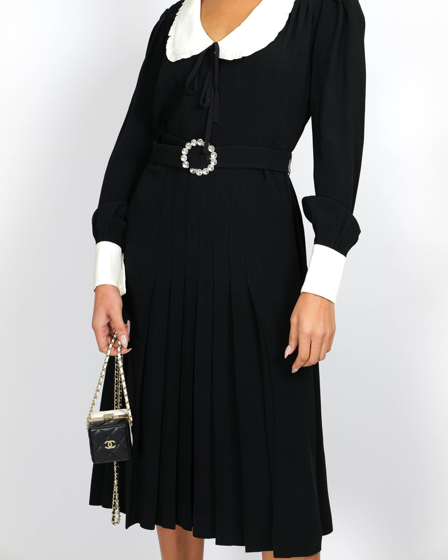Alessandra Rich Black Midi Dress with White Collar and Cuff Details and Crystal Belt Buckle Size IT 44 (UK 12)