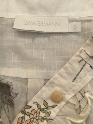 Zimmermann White Short-Sleeved Blouse with Multi-Colour Floral Print and Scalloped Detail Size 0 (UK 8)
