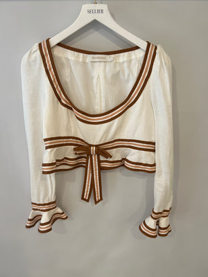 Zimmermann White Linen Crop Top with Ruffled Sleeves and Brown Trims with Bow Detail Size 2 (UK 12)