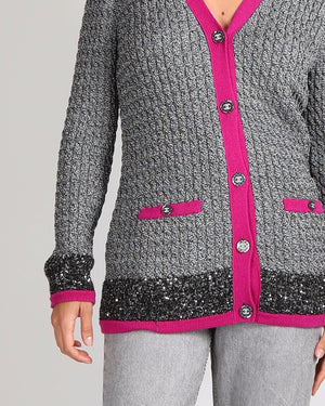 Chanel Fall 2021 Silver Metallic Knit Cardigan with Pink Trim and CC Crystal Buttons Size FR 34 (UK 6)