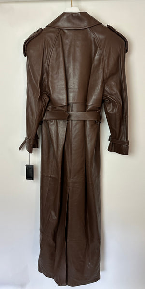 Saint Laurent Chocolate Brown Leather Maxi 'Brun Chene' Belted Trench Coat UK 10