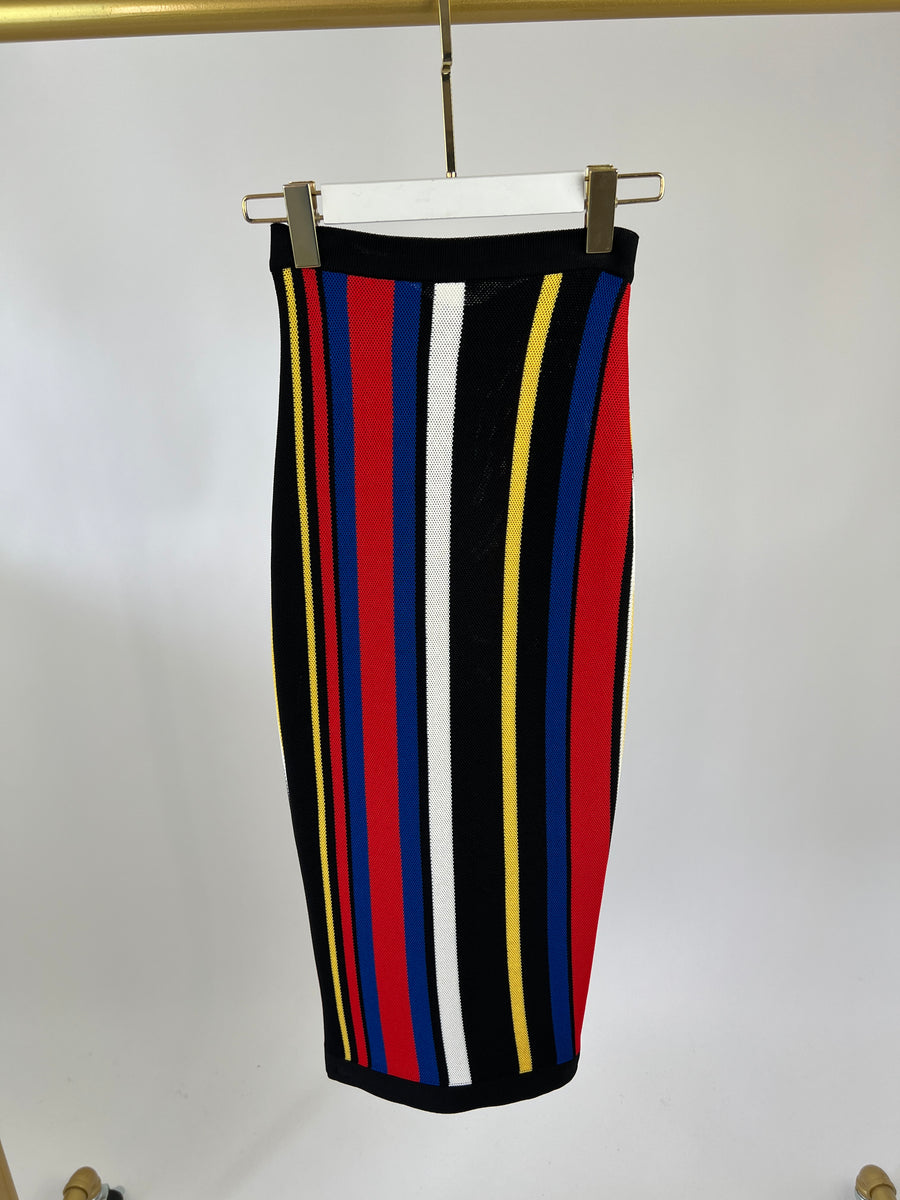 Balmain Black, Red, Yellow Stripe Multi-Colour Knitted Midi Skirt with Zip Back Detail  FR 34 (UK 6)