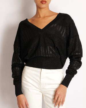 Saint Laurent Black Shimmery Panelled V Neck Jumper Size S (UK 8)