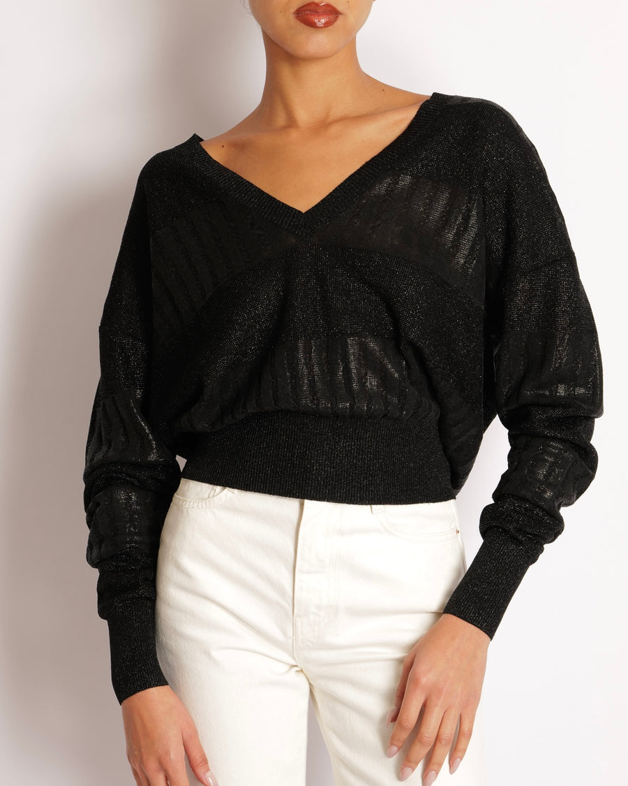 Saint Laurent Black Shimmery Panelled V Neck Jumper Size S (UK 8)