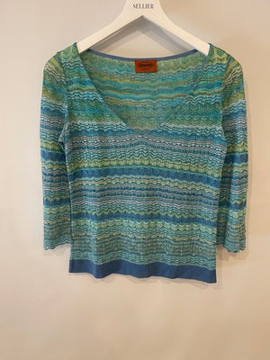 Missoni Blue and Green Metallic Long Sleeve Top Size UK 8/10