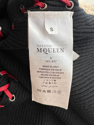 Alexander McQueen Fall 2017 Black Knit Ribbed Mini Dress with Red Leather Tie Details Size S (UK 8) RRP £2,800