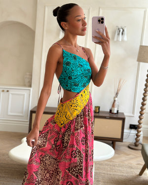 Zimmermann Pink, Yellow and Blue Printed Cotton One Shoulder Midi Dress with Cross Back Tie Detail Size 1 (UK 10)