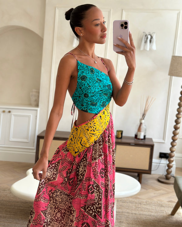 Zimmermann Pink, Yellow and Blue Printed Cotton One Shoulder Midi Dress with Cross Back Tie Detail Size 1 (UK 10)