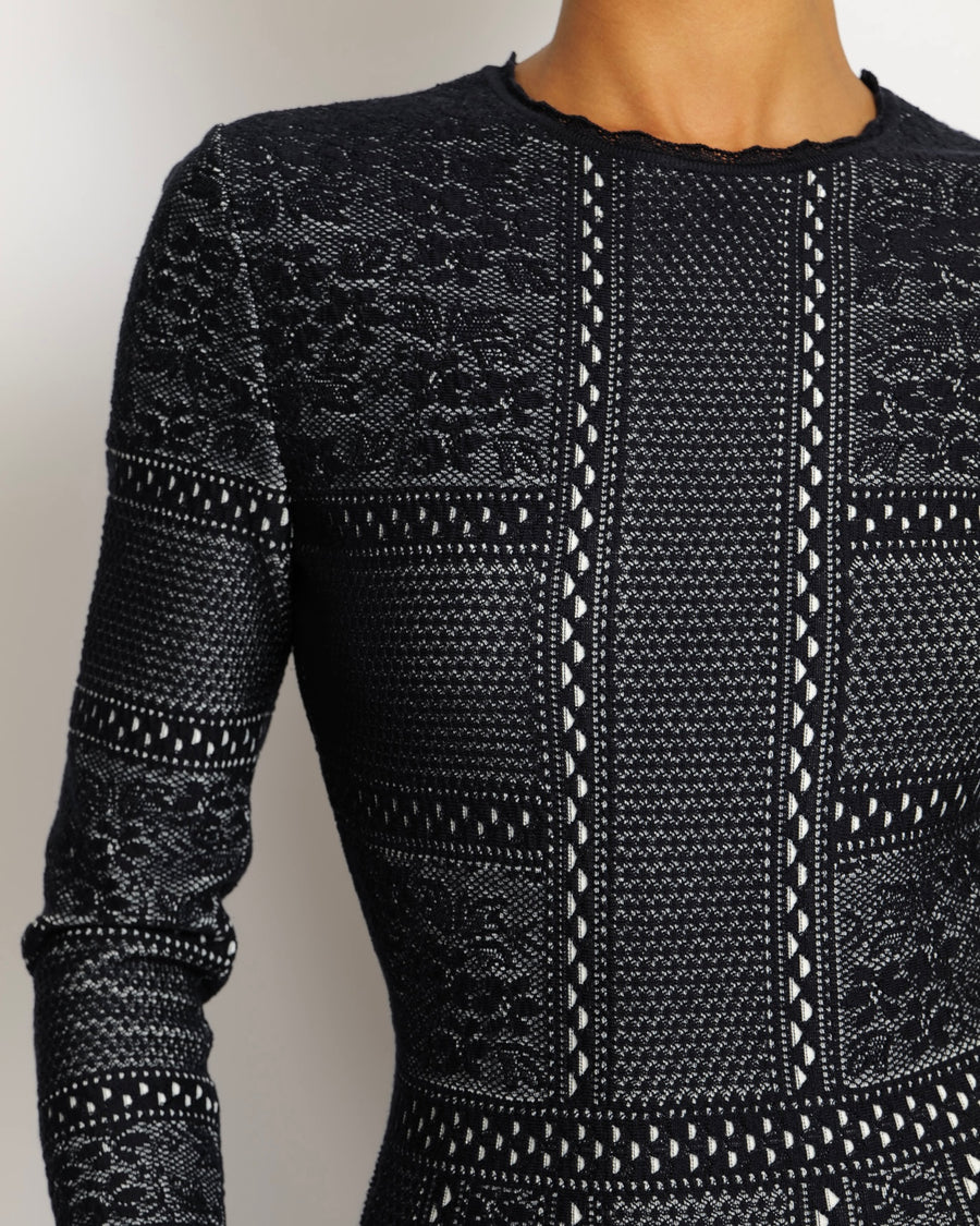 Alexander McQueen Navy and White Embroidered Long-Sleeve Mini Dress Size IT 40 (UK 8)