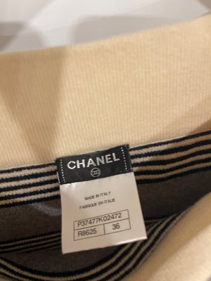 Chanel Grey, Navy and Cream Striped Cashmere Jumper with CC Logo Details Size FR 36 (UK 8)