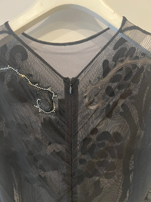 Jitrois Black Leather and Mesh Mini Dress with Crystal Embellished Suede Appliques Size FR 36 (UK 8)