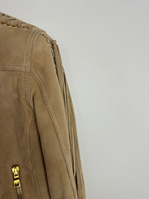 Balmain Camel Beige Suede Jacket with Fringes & Gold Zip Details Size FR 36 (UK 8)