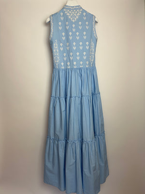 Giambattista Valli Light Blue and White Floral Embroidered Tiered Midi Dress with White Button Details Size IT 38 (UK 6)