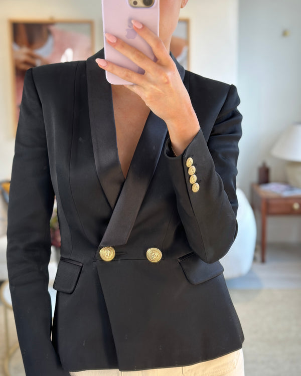 Balmain Black Blazer Jacket with Gold Buttons and Silk Trim Detail Size FR 38 (UK 10)