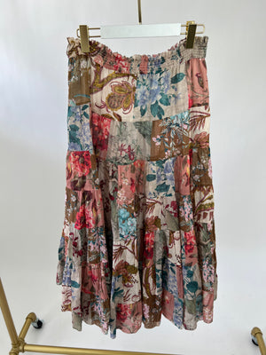 Zimmermann Brown, Pink Floral Cotton Tiered Midi Skirt Size 3 (UK 14)