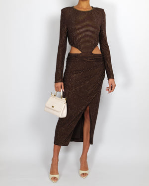 Self Portrait Brown Crystal Embellished Cut-Out Maxi Dress with Side Slit Size UK 12