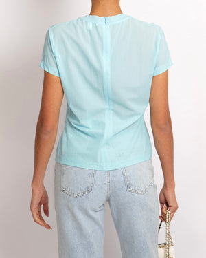 Alaia Light Blue Mesh Short-Sleeved Top with White Logo Detail Size FR 40 (UK 12)