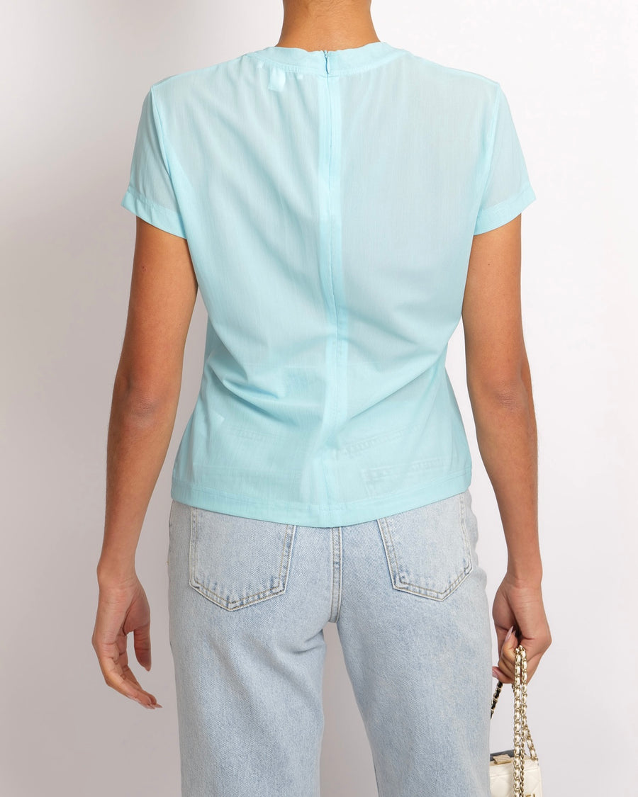 Alaia Light Blue Mesh Short-Sleeved Top with White Logo Detail Size FR 40 (UK 12)