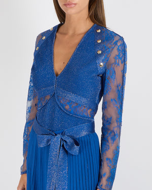 Elie Saab Blue Metallic Bodysuit and Skirt Set with Lace Details and Gold Buttons Size FR 40 (UK 12)