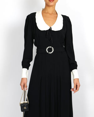 Alessandra Rich Black Midi Dress with White Collar and Cuff Details and Crystal Belt Buckle Size IT 44 (UK 12)