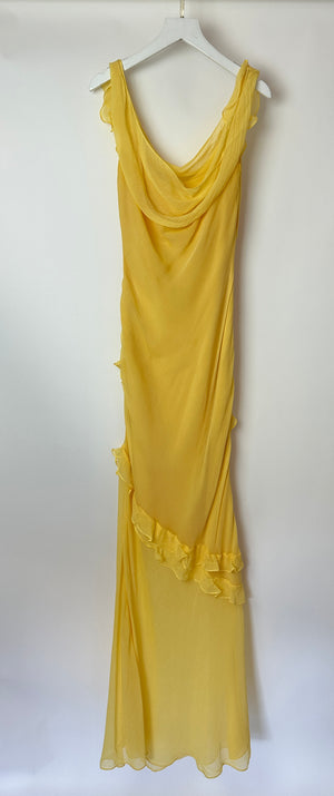 Saloni Pastel Yellow Renu Draped Ruffle Silk Blend Maxi Dress Size UK UK 8