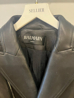 Balmain Black Leather Jacket with Silver Zippers Detail Size FR 40 (UK 12)